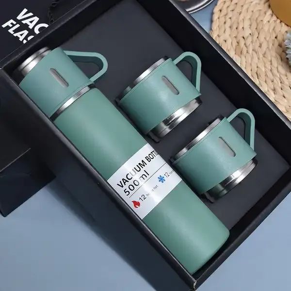Premium Vacuum Flask Gift Set – 500ml Stainless Steel Thermos Bottle with 2 Cups (Hot & Cold 12 Hours) - Image 2