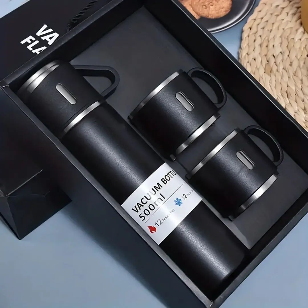 Premium Vacuum Flask Gift Set – 500ml Stainless Steel Thermos Bottle with 2 Cups (Hot & Cold 12 Hours) - Image 4
